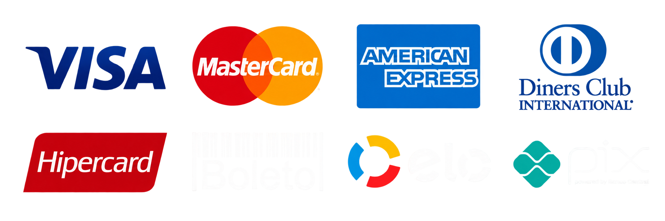Formas de pagamento aceitas: Visa, Mastercard, American Express, Diners Club, Hipercard, Boleto, Elo e Pix